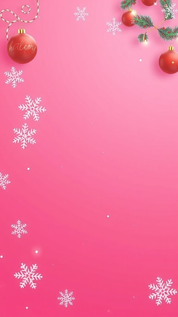 A pink Christmas Zoom background with snowflakes and ornaments.